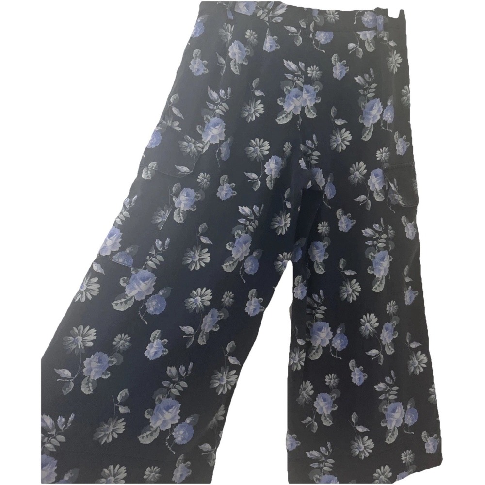 Becken Navy Floral Pleated 6 Silk Pants Wide Legged Cropped Pants Coastal Gaucho - Picture 3 of 8